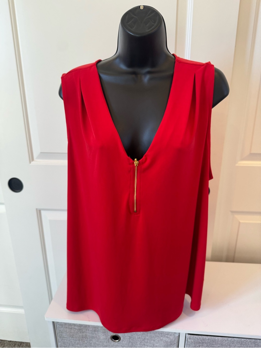 INC International Concepts Red V-Neck Sleeveless Top with Gold Zip